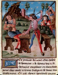 Spillets dårlige følger, tyveriet og kampen. To spillere truer hinanden med deres våben. Miniature fra »Bogen om gode sæder« af Jacques Legrand (1360-1415/1418), tilegnet Jean, hertug af Berry