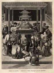 Dåben af Buddha, en årlig fest, der finder sted den 8. dag i den 4. måned, vander tilhængerne bronzestatuen af Buddha, der er udsat til lejligheden foran templerne. Gravering til illustration af rejsen til Japan, af Aime Humbert, min