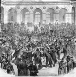 Kurven med børsagenter, på børsen i Paris i 1865. Stik efter tegning af M.G. Roux