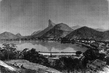 Rio de Janeiro-bugten i Brasilien. I baggrunden "Sukkerbrød". Gravering i "" Le Journal de la jeunesse""