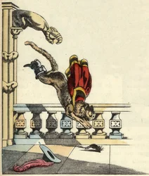 Støvlekatten, der har bedt trolden om at blive til en mus, springer for at fortære den. Illustration af Charles Perraults fortælling "Le chat botte"