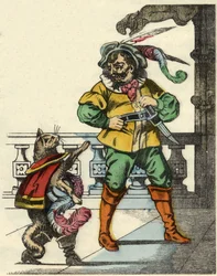 Støvlekatten møder trolden. Illustration af fortællingen "The cat botte" af Charles Perrault