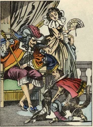 Støvlekatten tilbyder kaninen til kongen fra sin herre, Marquis de Carabas. Illustration af fortællingen "The cat botte" af Charles Perrault