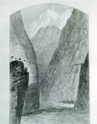 Broen over Apurimac-floden, gravering. Peru