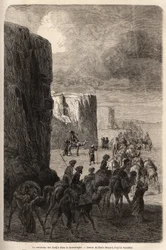 Karavanen af Hajis (muslimske peleriner) i Korantaghi (Persien, Iran). Tegning af Emile Bayard (1837-1891), for at illustrere rejsen til Centralasien, i 1863, af Arminius Vambery (ungarsk videnskabsmand forklædt i dervish). Indgravering i "" Le tour du mon