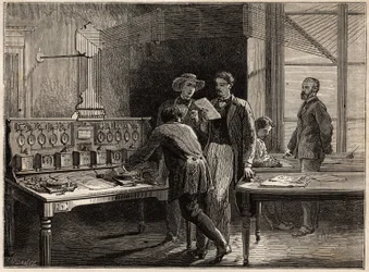 Den centrale telegrafstation på Creusot-fabrikken. Gravering til illustration af en rejse til Creusot og minerne i Saone og Loire, i 1865, af L. Simonin, i "" Le tour du monde, nouveau journal des voyages"" udgivet under ledelse af Edouard C