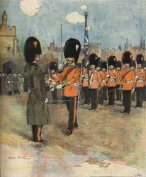 Vagtskiftet i Buckingham Palace i London i 1893. Illustration af M.C. Morel. Bianchetti samling.
