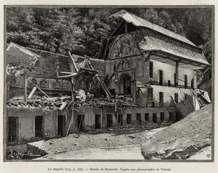 Kapellet ødelagt af overløbet af Arve. Berteault-gravering for at illustrere historien "La catastrophe de Saint Gervais les Bains""