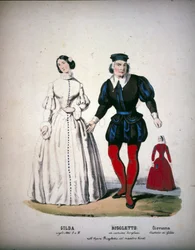 Karaktererne af Gilda, Rigoletto og Giovanna i tredje akt af operaen "" Rigoletto"" af den italienske komponist Giuseppe Verdi (1813-1901)