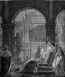 Konflikten mellem Frederic Barberousse (Federico Barbarossa) og pave Alexander III (Alexander, AlessandroIII) (1105-1181). Ydmygelse af kejser Barberose ved Dogepaladset i Venedig i 1177. Frederick Barbarossa Country Public Hyldest til Pave Alexan