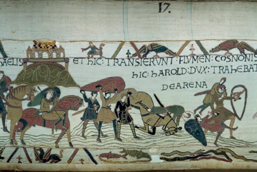 Erobringen af Bretagne af hæren af hertugen af Normandiet Vilhelm Erobreren (1027-1087): krydsningen af Riviere du Couesnon på højden af Mont Saint Michel, mænd og heste synker ned i det bevægende sand. Detalje af Bayeux-tapetet eller Embro