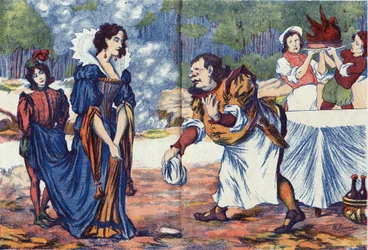 Kokken svarer prinsessen, at han forbereder Riquets bryllupsfest. Anonym illustration til ""Riquet a la houppe"", fortælling af Charles Perrault (1628-1703), fransk forfatter. Billedmateriale Marcel Vagne, Jarville Nancy, udateret (slutningen af det 19. år