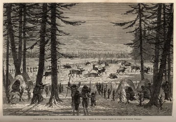Korallen til rensdyrjagt i Co-Yukon (co-Yukon eller co-Youkouk) (indisk stamme i det ekstreme nordlige Canada). Gravering for at illustrere rejsen og eventyrene i det engelske Colombia, Vancouver Island og Alaska, af Frederick Whymper