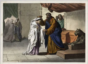 Esters kroning: Den persiske konge Ahasverus 1. (Xerxes 1.) kroner sin hustru Ester. Anonymt stik fra det 19. århundrede.