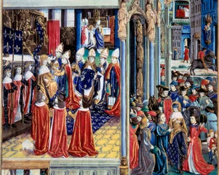 Kroningen af den hellige kong Ludvig (Ludvig 9.) (1214-1270) den 29/11/1226 i katedralen i Reims. Miniature fra et manuskript, »Bogen om monsignor Sankt Ludvigs gerninger«. 15. århundrede. Paris, B.N.