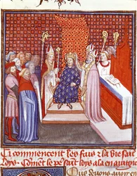 Kroningen af Ludvig den Hellige (1214-1270) i 1226. Miniature fra Jean Froissarts (1337-1400) "Frankrigs store krøniker", 14. århundrede. Chantilly, Musée Condé