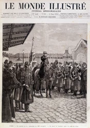 Afgangen af Kompagniet af 200. Regiment. Hilsen til flaget i Gare de Lyon. ""Den illustrerede verden"". 23/03/1895. Tegning.