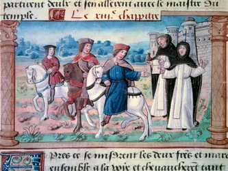 Brødrene Nicolo og Matteo Polos afgang, far og onkel til den unge Marco Polo (1254-1324) med den unge mand omkring 1271. Miniature taget fra "" Vidundernes bog""" ("" Devisement du monde", "" Il Milione") af Marco Polo (1254-1324) 1298 Bibl
