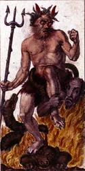 Djævelen afbildet på et tarotkort fra 1840.