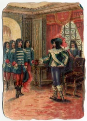 Uenigheden mellem de tre musketerer og kardinal Jules Mazarins vagt (Giulio Raimondo Mazzarino eller Mazarino) (1602-1661). Kromolitografi af det 19. århundrede.