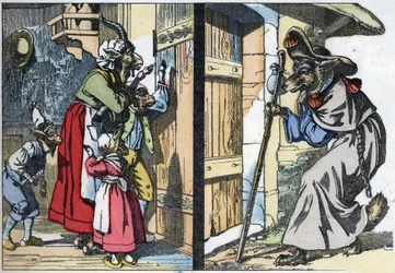 Udklædningsulven banker på døren til huset med bukken og biketterne. Illustration af fortællingen "Compere le Loup, Maitre Renard, Comere la Chevre et ses petits biquets"" efter en fabel af Jean de la Fontaine. I "" Fortællinger fra hjemmet for de små