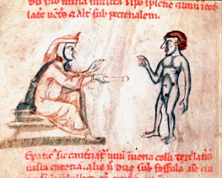 Lægen brænder patienten på smertefulde områder med varme strygejern Miniature fra manuskriptet "De Medicina cauteriorum secundum Bruno, Rugerium et Rolthe" 13. århundredes Paris, B.N.