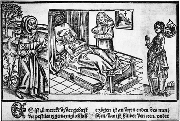 Lægen i sengen på Pestiferé, trægravering af ”Liber pestilentialis” af Jérôme Brunschwig, Strasbourg