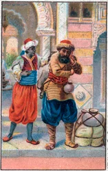 Døren faix. Sømanden Sinbads (Sindbad) vidunderlige eventyr. Populær fortælling om 1001 nætter (et tusinde og en nat). Kromolitografi i slutningen af det 19. århundrede.