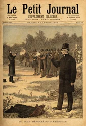 Duellen med pistolen (forbudt i Frankrig siden 1626) mellem deputerede Paul Deroulede (1846-1914) og Georges Clemenceau (1841-1929), ingen skade. Indgravering i "" Le petit journal"" 7/01/1893. Selvas samling.