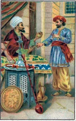 Det fortryllede æble. Historien om Prins Ahmed og gebyret Paris-Banou (Pari Banou) (Paribanu). Fortælling om 1001 nætter (fortællinger om de tusinde og en nat). Kromolitografi i slutningen af det 19. århundrede.