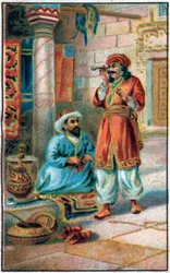 Det fortryllende rør. Historien om Prins Ahmed og gebyret Paris-Banou (Pari Banou) (Paribanu). Fortælling om 1001 nætter (fortællinger om de tusinde og en nat). Kromolitografi i slutningen af det 19. århundrede.