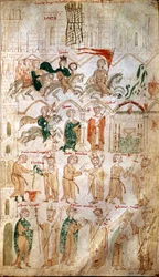 Henrik 6. af Det Hellige Romerske Riges (1165-1197) indtog i Rom og hans kroning som kejser den 14/04/1191 ved pave Cølestin 3. Side fra »Liber ad honorem Augusti« af Pietro da Eboli (Peter af Eboli) - (kodeks 120, fol. 105), det 13. århundrede