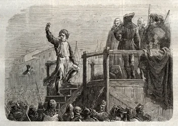 Henrettelsen af Conradin (eller Conrad af Hohenstaufen) konge af Sicilien og hertug af Schwaben (1252-1268) efter ordre fra Karl af Anjou efter slaget ved Tagliacozzo i 1268” (henrettelse af Conradin (eller Conrad den yngre), sidste Staufer-konge af Sicili