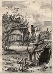 Ekspeditionen rundt om i verden (1790-1792) af kaptajn Etienne Marchand (1755-1793): indfødte hytter i landet Enddacht (Australien) - illustration taget fra "The Great Mariners of the 18th century""