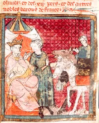 Ridderen Rolands farvel til hans onkel Karl den Store (742-814) Miniature fra "" Grandes Chronicles de France"" 1375-1379 kommunale bibliotek, Castres
