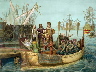Den første rejse: Christoffer Columbus hilser på dronning Isabella af Kastilien i havnen i Palos før afrejsen i 1492. Gravering, 19. århundrede