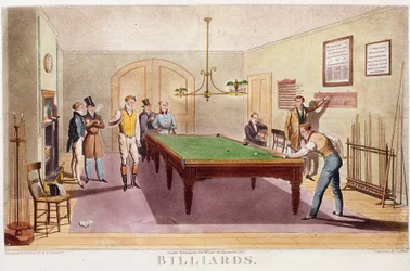 Billardspillet Gentilmænd fra det høje engelske samfund, der spiller billard. Stik fra 1827. Privat Samling