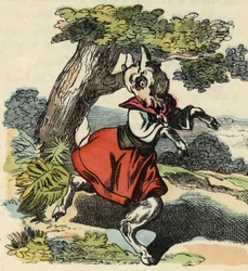 Geden, Lille Chevy. Illustration af fortællingen "Bon medor og Lille Chevrette". I “”Fortællinger fra hjemmet for de mindste””. Anonym gravering af det 19. århundrede.