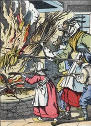 Bukken og nipstingene satte ild til skorstenen. Illustration af fortællingen "Compere le Loup, Maitre Renard, Comere la Chevre et ses petits biquets"" efter en fabel af Jean de la Fontaine. I “”Fortællinger fra hjemmet for de mindste””. Anonym gravering
