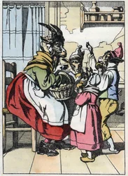 Geden er ude af markedet og lytter til biketternes historie. Illustration af fortællingen "Compere le Loup, Maitre Renard, Comere la Chevre et ses petits biquets"" efter en fabel af Jean de la Fontaine. I ""Fortællinger fra hjemmet for de mindste""