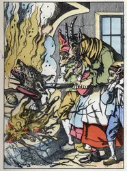Bukken dræber ulven i skorstenen. Illustration af fortællingen "Compere le Loup, Maitre Renard, Comere la Chevre et ses petits biquets"" efter en fabel af Jean de la Fontaine. I “”Fortællinger fra hjemmet for de mindste””. Anonym gravering af 19t