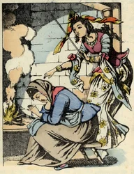 Det gode gebyr af Askepot og Askepot. Illustration af Charles Perraults fortælling "Askepot eller La petite slipper de verre"