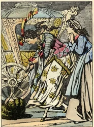 Den gode fe forvandler græskarret til en karet for Askepots øjne. Illustration til Charles Perraults eventyr 