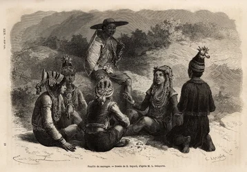 Den oprindelige befolkning i Xieng Hong (Laos), iført traditionelle dragter, over deres jakke, pryder en fløjlskriste med besætninger, med en nederdel eller korte bukser komplet med en lille kasket. Gravering til illustration af udforskningsrejsen i Indoki