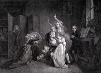 Det sidste interview af Louis XVI med hans familie (Marie Antoinette og Louis XVII). Indgravering af det 19. århundrede.