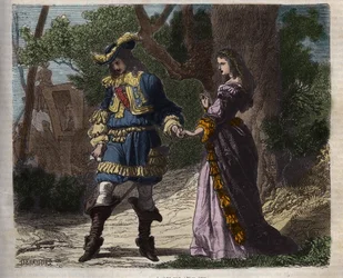 Det sidste interview af Marie Mancini (1639-1715) med Ludvig XIV (1638-1715) før hans afgang fra hoffet til Brouage den 22. juni 1659, eksilet organiseret af kardinal Mazarin for at holde ham væk fra kongen - Illustrationen tager fra “Vigreve af BH