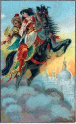 Lækagen. Fortælling "" Historien om den fortryllede hest""" i "" De tusind og en nat""" (de 1001 nætter eller Le mille e una notte, Arabian Nights). Kromolitografi i slutningen af ​​det 19. århundrede.