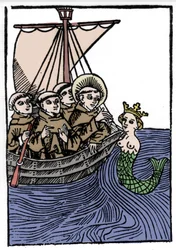 Legenden om Saint Brendan (Brandan), helte og irsk helgen fra det 6. århundrede. St. Brendans møde med Sirene. Indgravering af "" Die Wunderbare Meerfahrt des Hl. Brandan." balle