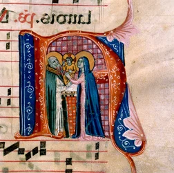 Bogstavet "N" med en skildring af præsentationen ved templet: f.36v af Antifonariet