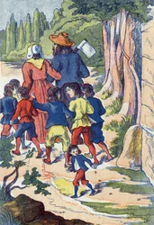 Den lille pose sår sten i vejen for ham. Illustration til "" Le Pepetit poucet"", fortælling af Charles Perrault (1628-1703), fransk forfatter. Anonym illustration. Billedmateriale Marcel Vagne, Jarville Nancy, udateret (slutningen af det 19. århundrede).